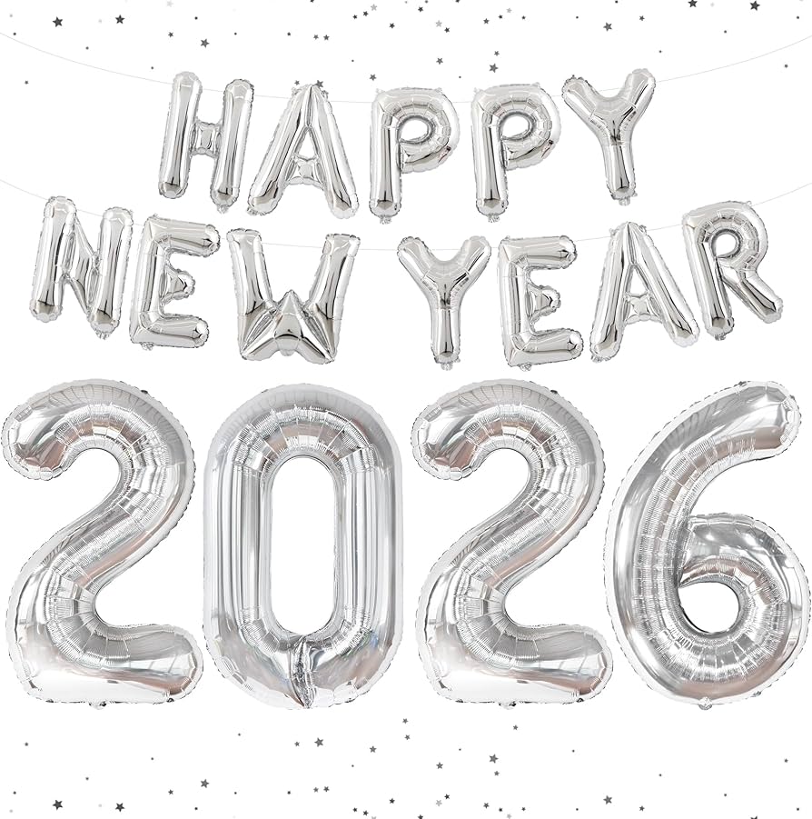 Happy New Year 2026 plateado 26”