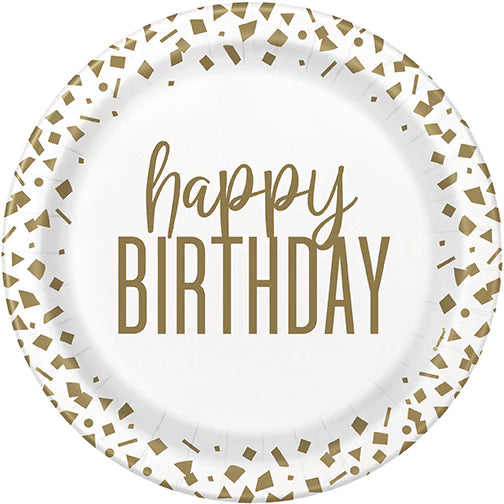 8 Platos Confeti Dorado Happy Birthday