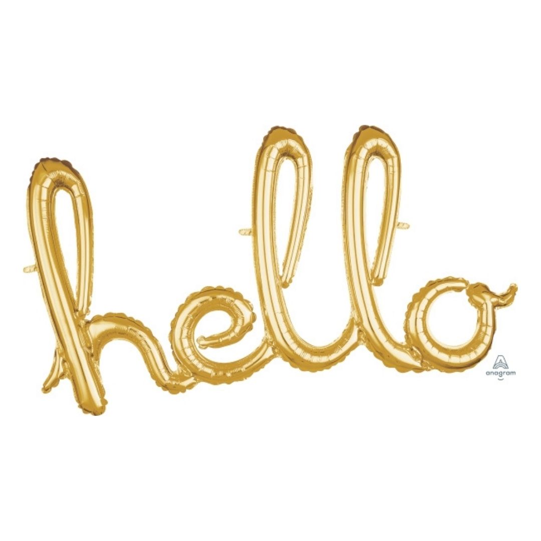 Letrero Hello cursivo dorado
