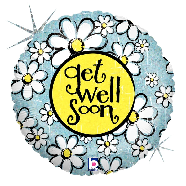 Metalico 18¨ Get Well Soon Azul con Flores blancas con amarillas