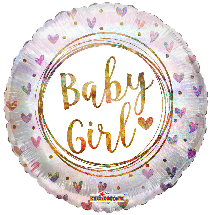 BABY GIRL RING AND HEARTS HOLOGRAPHIC FOIL BALLOONS 18"