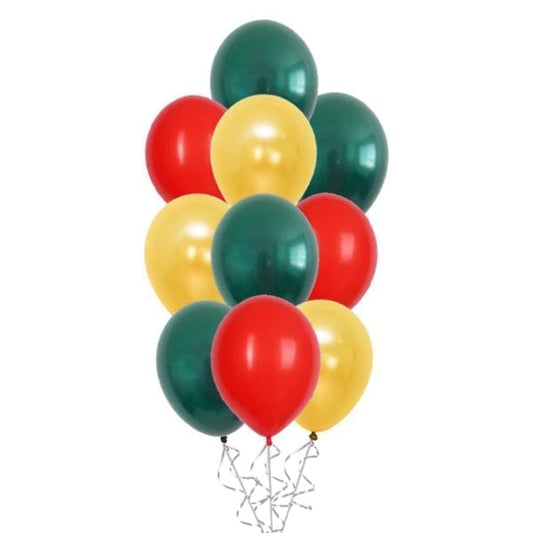 Bouquet de 10 globos verde, dorado y rojo