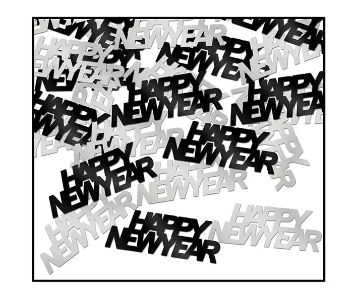 Confetti Happy New Year plateado y negro
