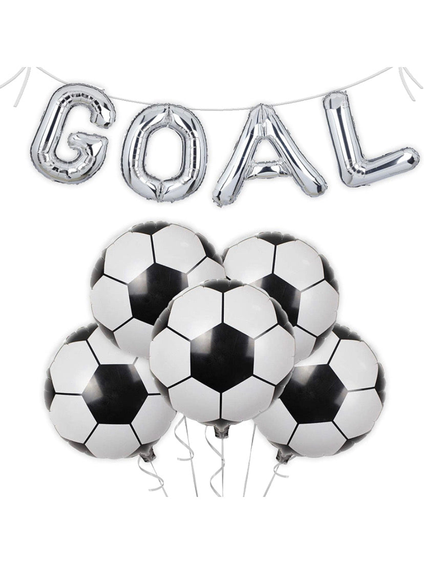Arreglo de Globos 5 Metalicos 18'' Soccer Futball + letrero 16''