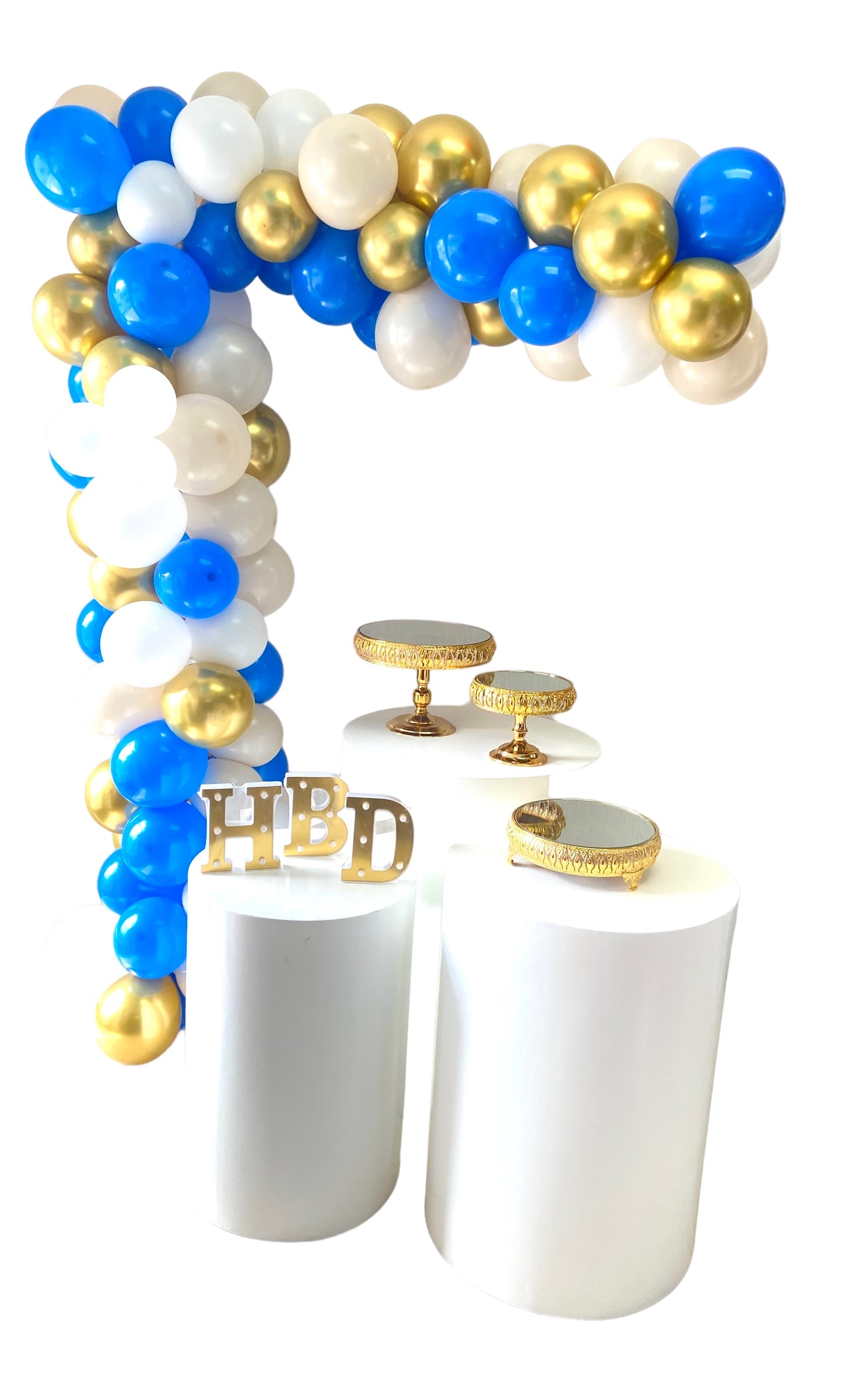 Medio arco de globos azul dorado y blanco