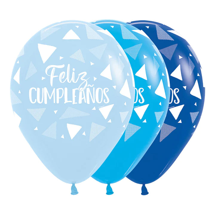 GLOBO LATEX AZULES FELIZ CUMPLEAÑOS TRIANGULOS
