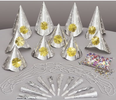 Set sombreros y cornetas dorado