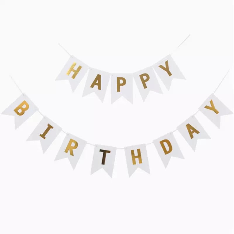 Banner Happy Birthday blanco con dorado