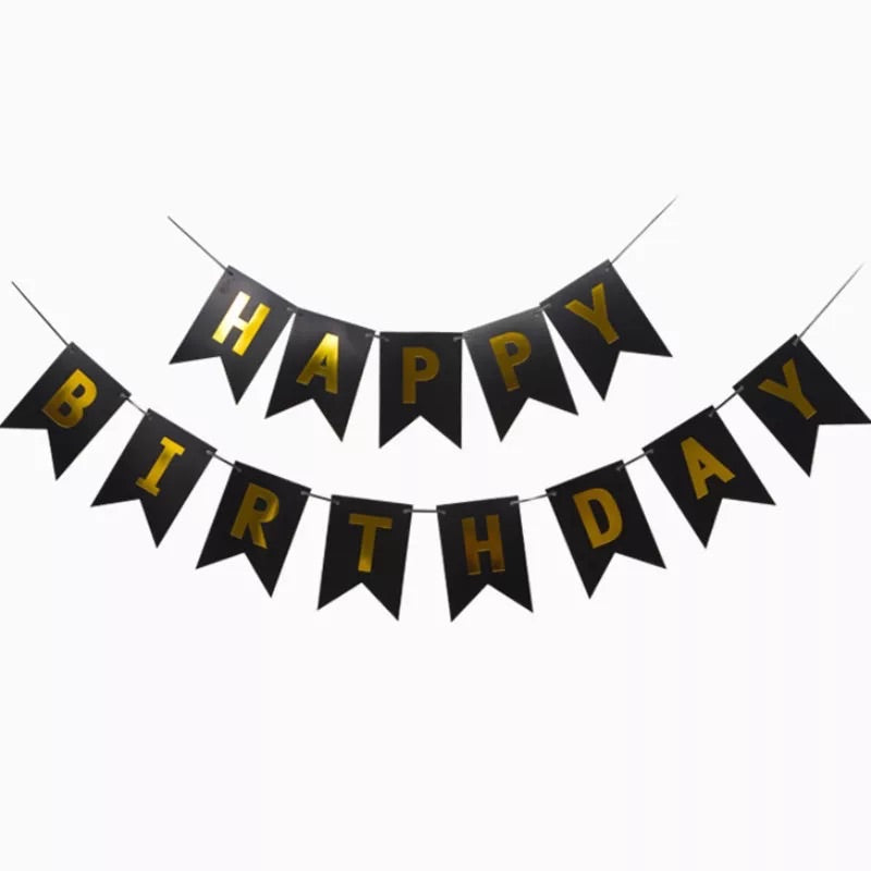 Banner Happy Birthday negro con dorado