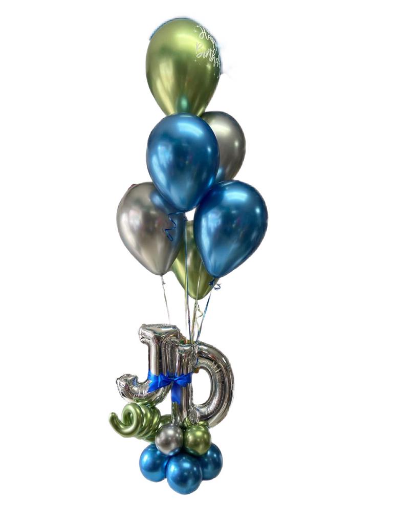 Arreglo de 6 Goblos chrome + Base de globos con 2 letras de 16'' metalicas