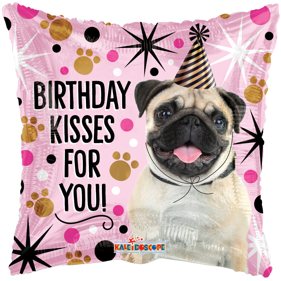 METALICO 18¨ CUADRADO ROSADO BIRTHDAY KISSES FOR YOU! CON UN PERRO