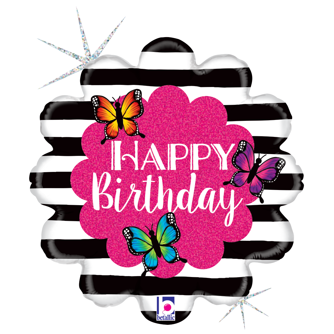 METALICO 18¨ HAPPY BIRTHDAY EN FORMA DE UNA FLOR. CON RAYAS Y MARIPOSAS