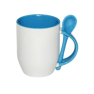 TAZA BLANCA OVALADA CUCHARA AZUL