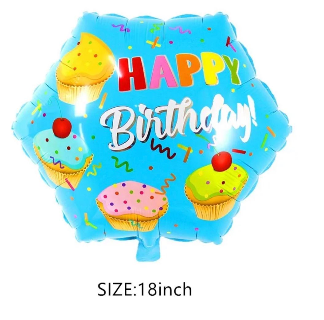 METALICO 18¨ EXAGONAL HAPPY BIRTHDAY DE CUPCAKES