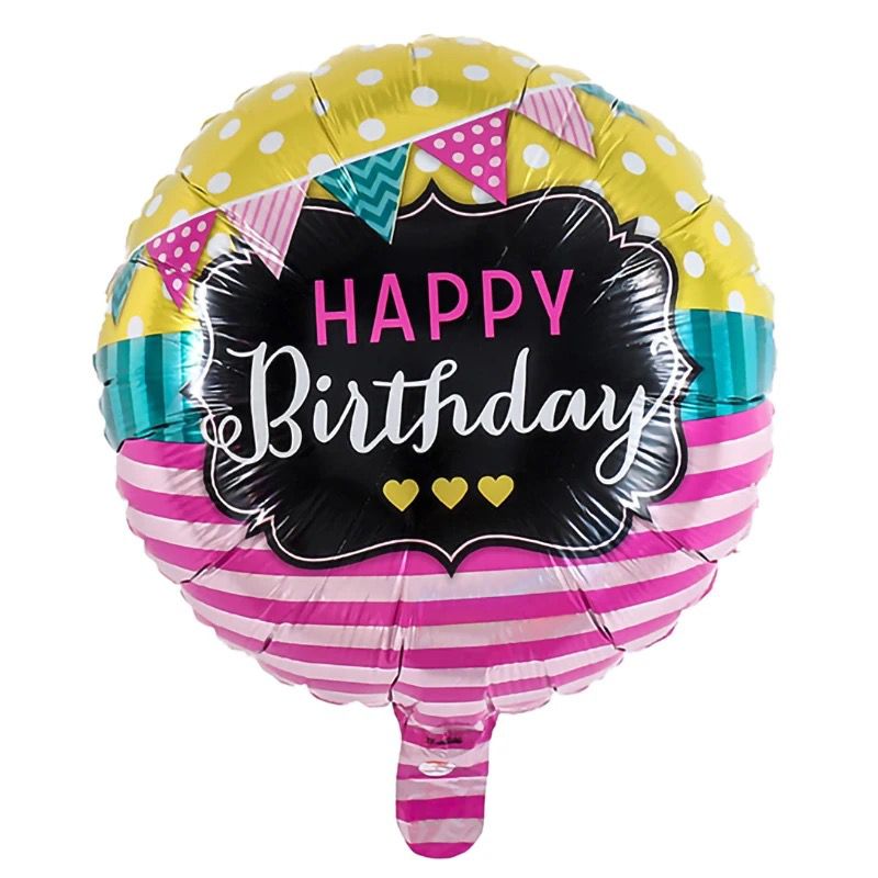 METALICO 18¨ HAPPY BIRTHDAY BANDERIN ROSADO, TURQUESA, AMARILLO Y NEGRO