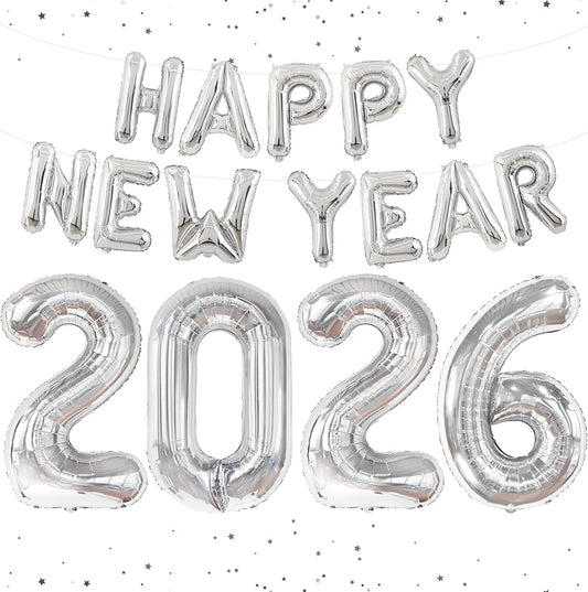 Happy New Year 2026 plateado 26”