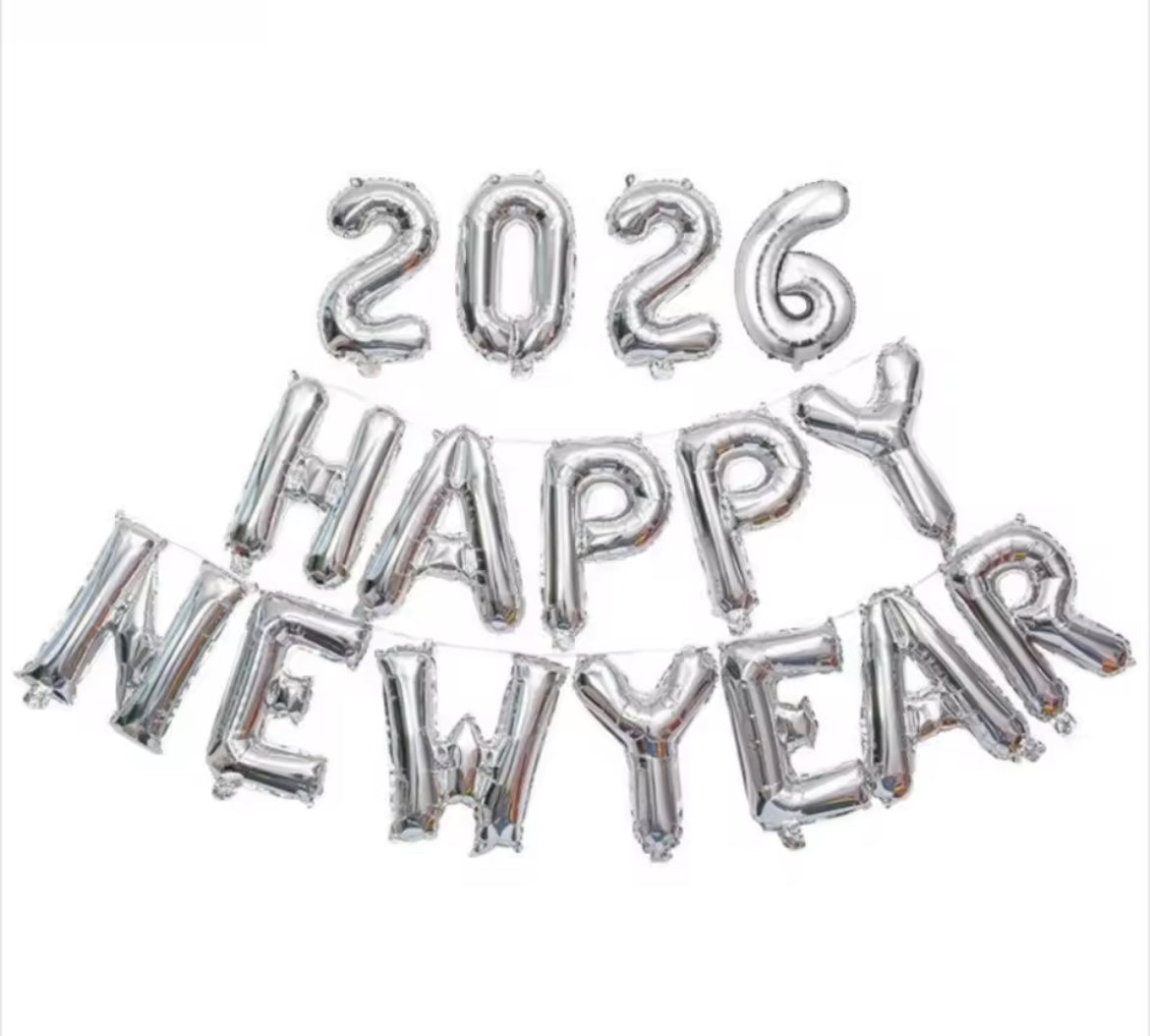 Happy New Year 2026 plateado 16”