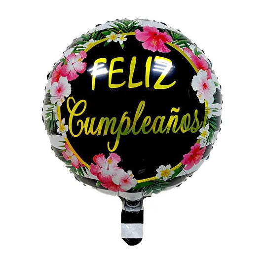 Metalico 18¨ negro Happy Birthday flores Cayena
