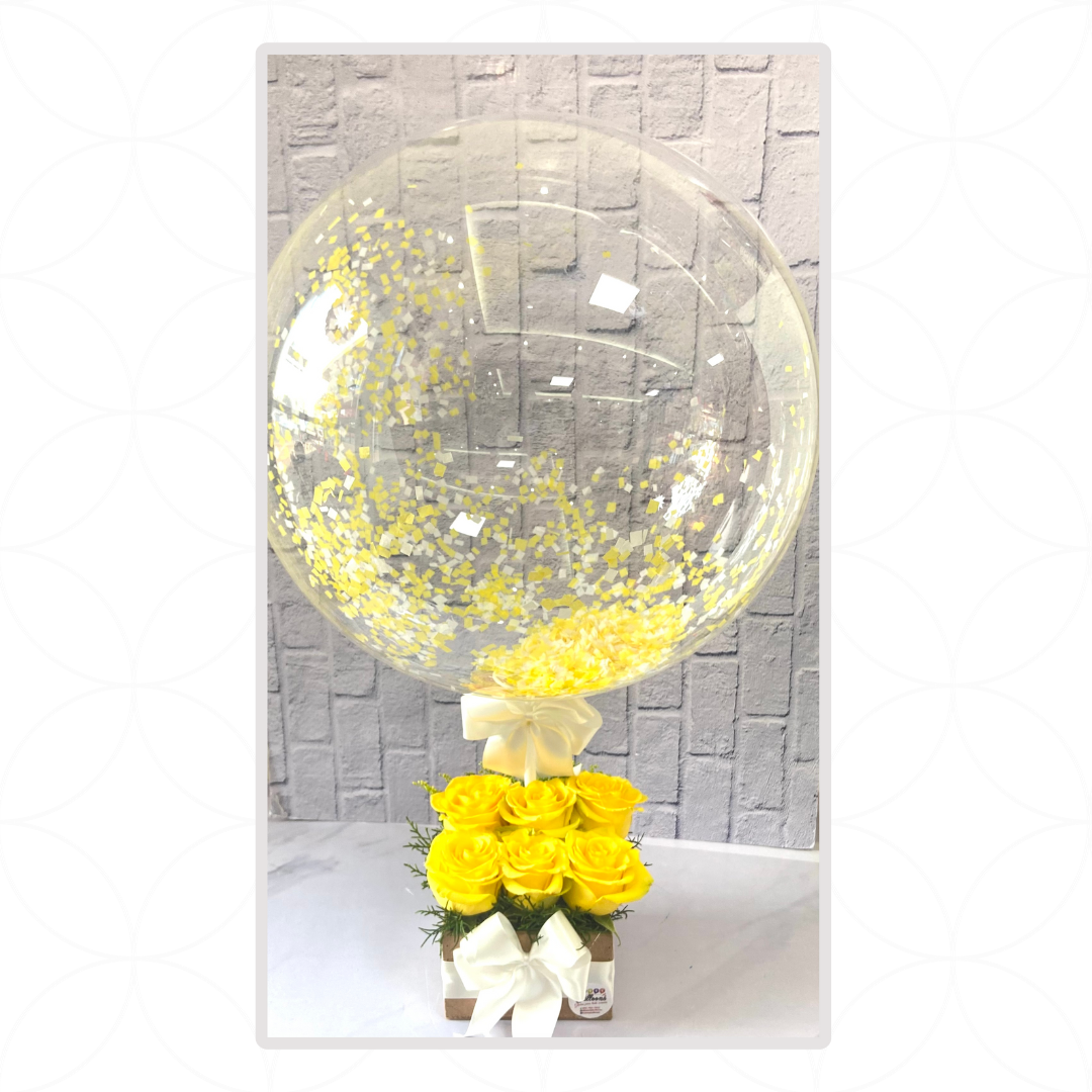 Arreglo 6 flores + burbuja personalizada