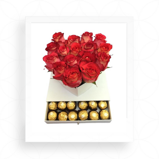 Caja corazón + 16 flores +12 chocolates
