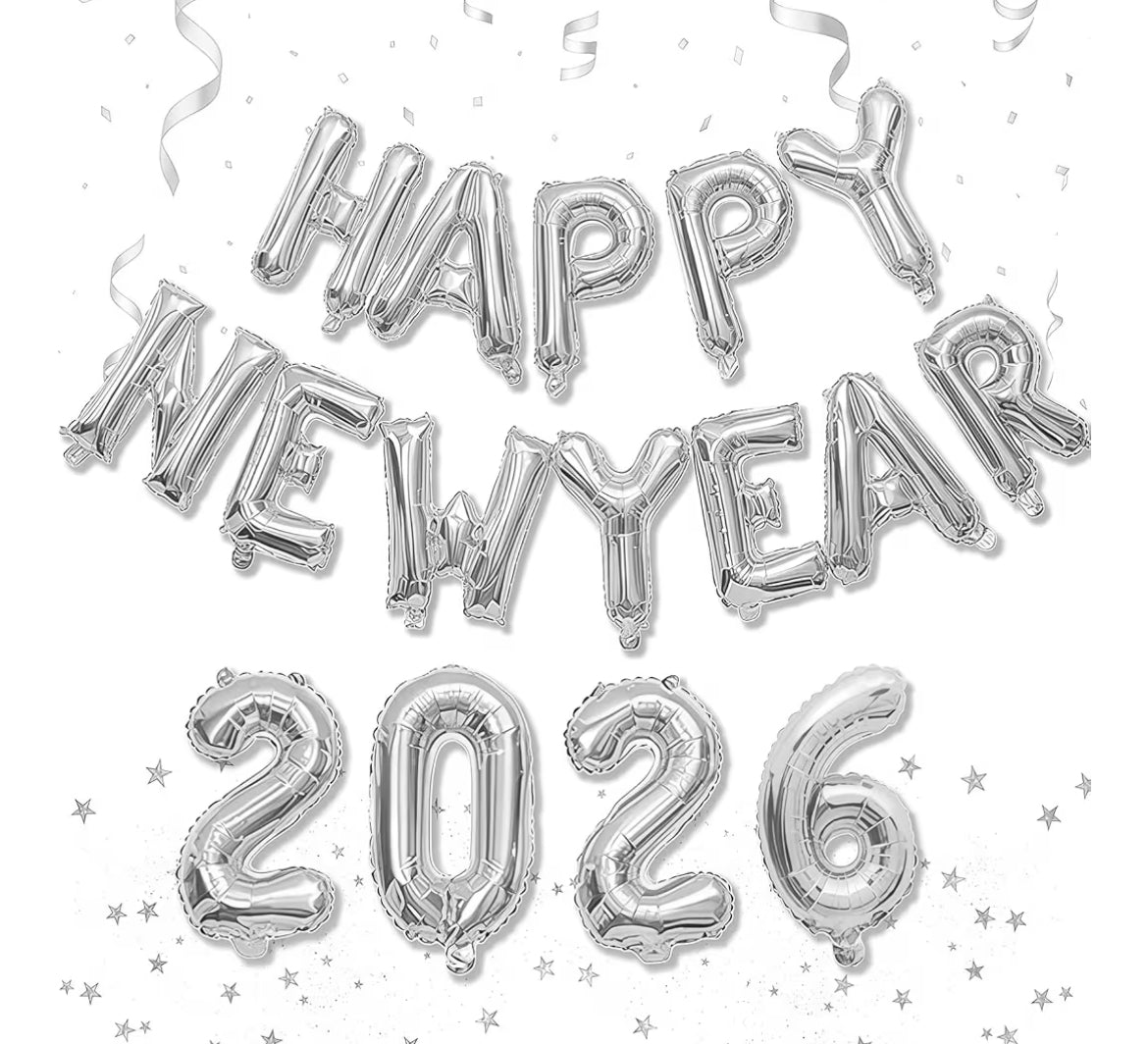 Happy New Year 2026 plateado 16”