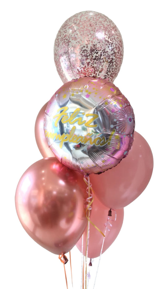 Bouquet globos rosado + metálicos Feliz Cumpleaños