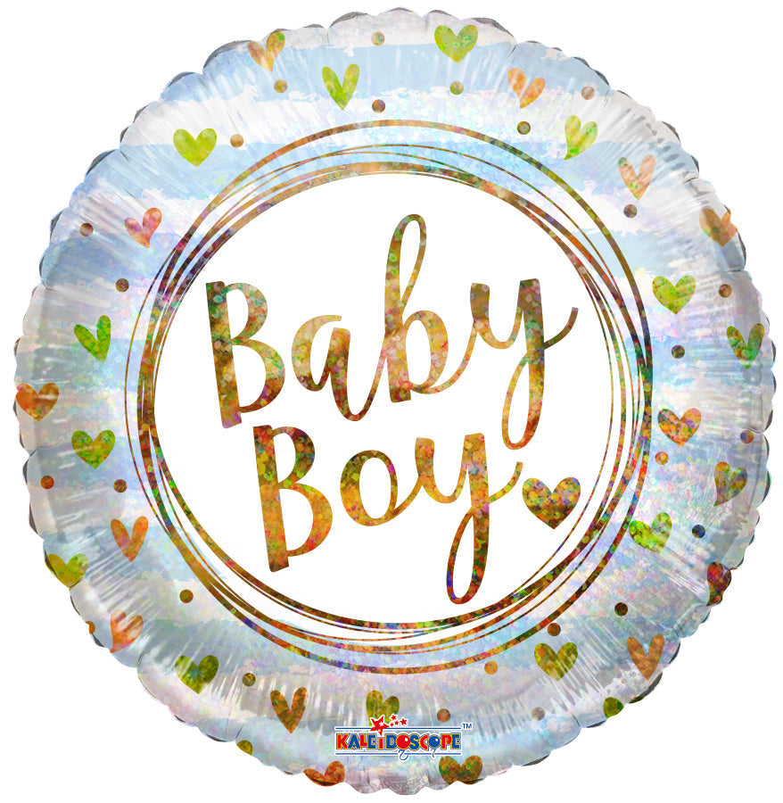 BABY BOY RING AND HEARTS HOLOGRAPHIC FOIL BALLOONS 18"