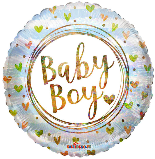 BABY BOY RING AND HEARTS HOLOGRAPHIC FOIL BALLOONS 18"
