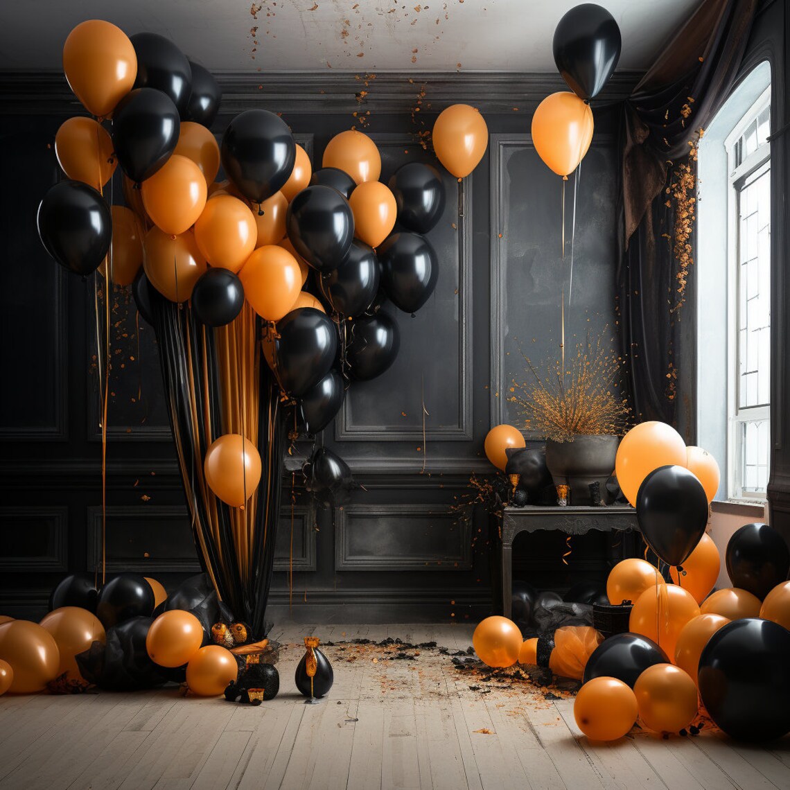 Decoración 16 globos naranja y 16 negro con helio 50 latex 9" con aire