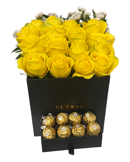 12 flores amarillas + 8 chocolates