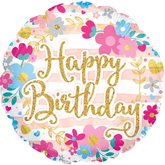 METALICO 18¨ HAPPY BIRTHDAY DORADO CON FLORES FUCSIA, AZUL Y ROSADO PASTEL