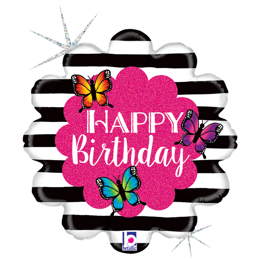 METALICO 18¨ HAPPY BIRTHDAY EN FORMA DE UNA FLOR. CON RAYAS Y MARIPOSAS