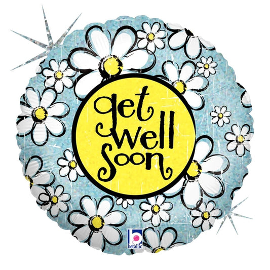 METALICO 18¨ GET WELL SOON AZUL CON FLORES BLANCAS CON AMARILLAS